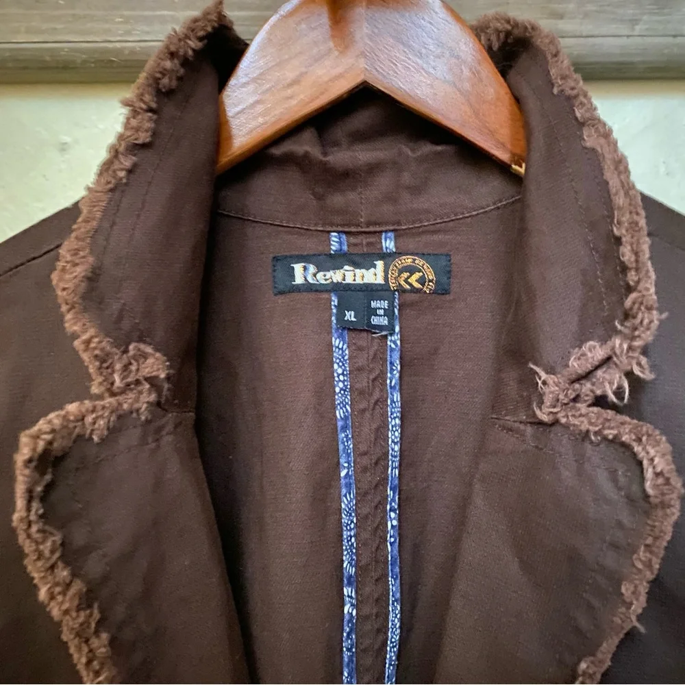 πͺΆ3/$50 Boho Raw Edge Fringe Brown REWIND L/S Fine Corduroy Blazer-XL - Picture 7 of 16